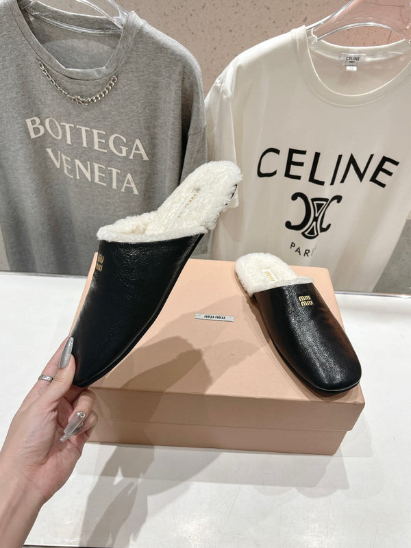 Miu Slippers Glossy Black Imported Sheepskin