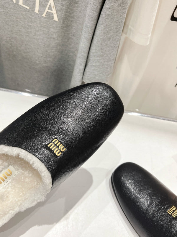 Miu Slippers Glossy Black Imported Sheepskin