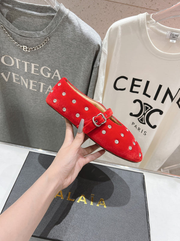 Alaila Ballet Flats In Red Velvet With Rhinestones 971994