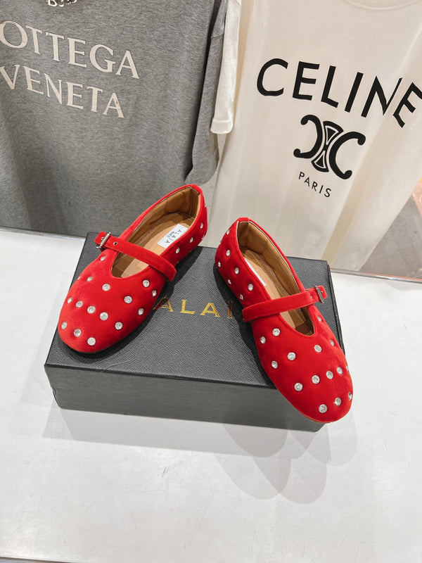 Alaila Ballet Flats In Red Velvet With Rhinestones 971994