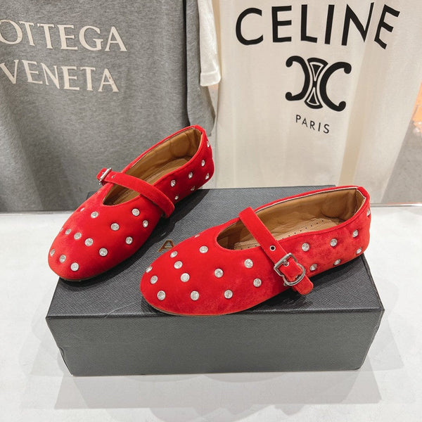 Alaila Ballet Flats In Red Velvet With Rhinestones 971994