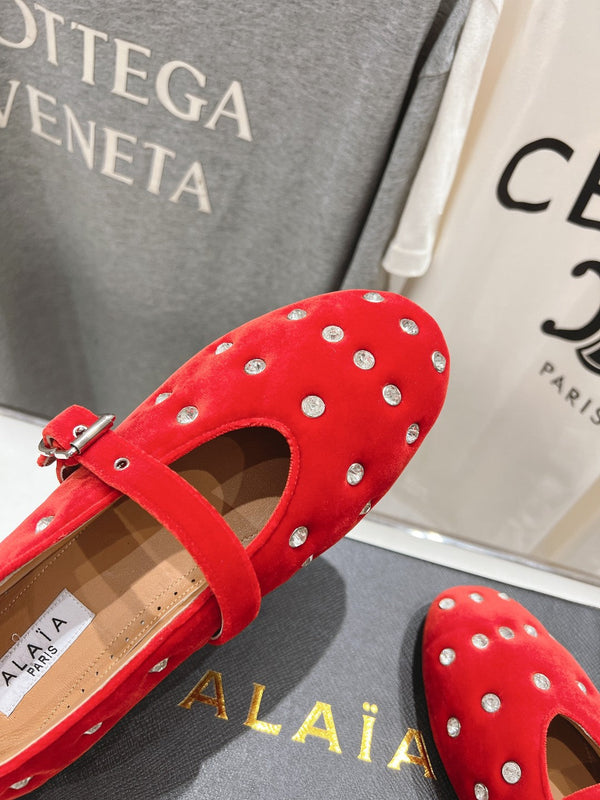 Alaila Ballet Flats In Red Velvet With Rhinestones 971994