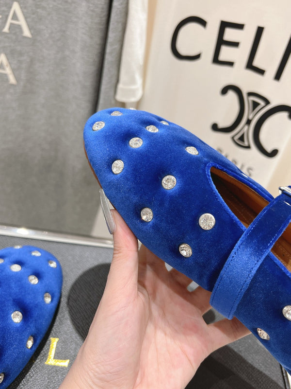 Alaila Ballet Flats In Dark Blue Velvet With Rhinestones 971996