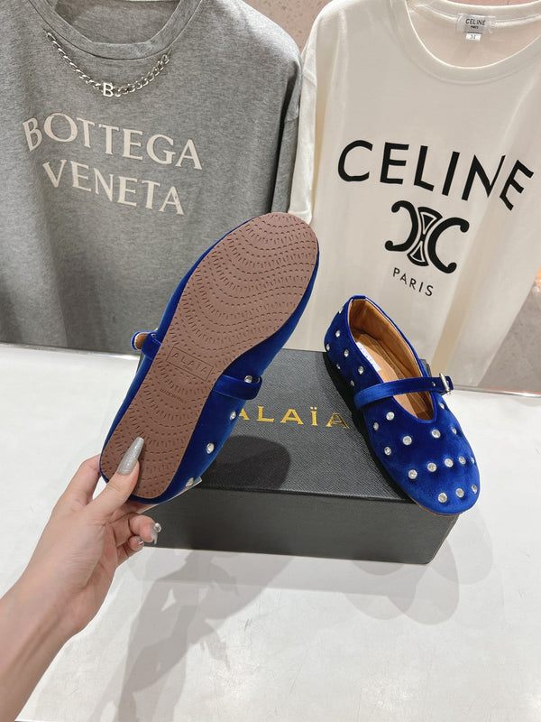 Alaila Ballet Flats In Dark Blue Velvet With Rhinestones 971996