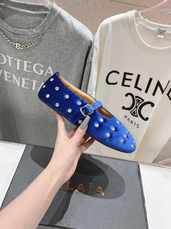 Alaila Ballet Flats In Dark Blue Velvet With Rhinestones 971996