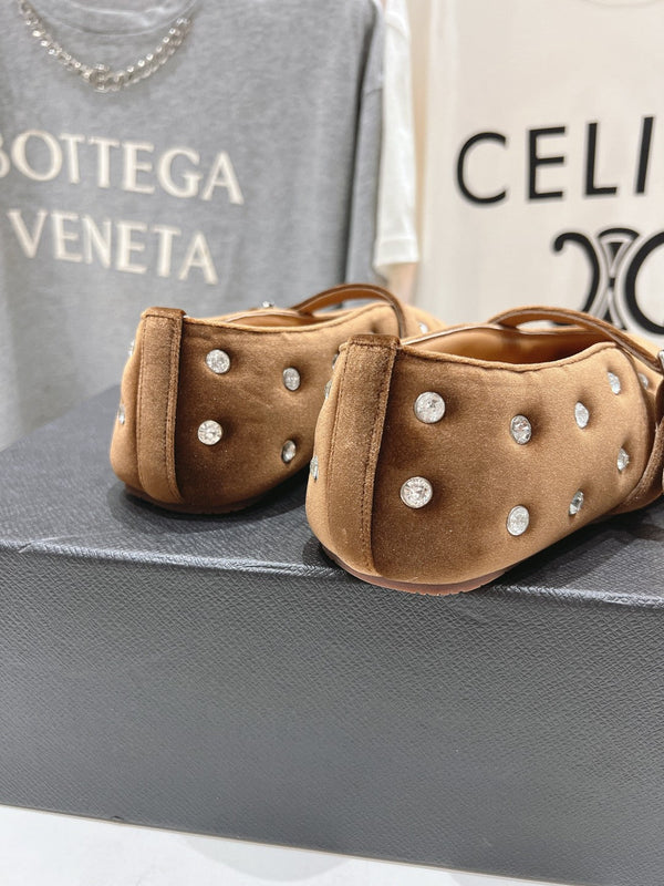 Alaila Ballet Flats In Moss Brown Velvet With Rhinestones 971998