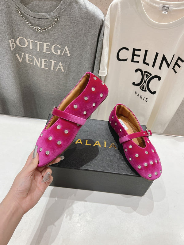 Alaila Ballet Flats In Deep Pink Velvet With Rhinestones 972002