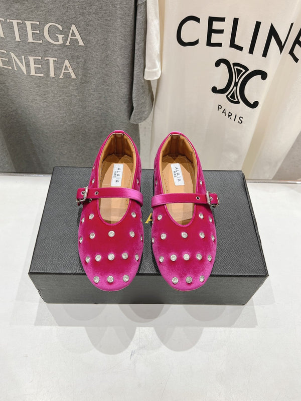 Alaila Ballet Flats In Deep Pink Velvet With Rhinestones 972002