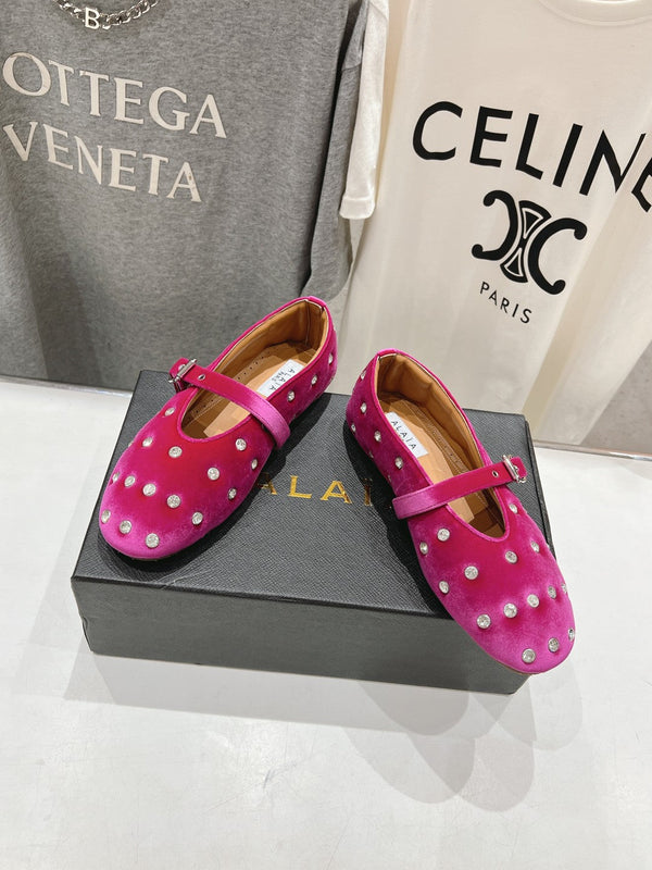 Alaila Ballet Flats In Deep Pink Velvet With Rhinestones 972002