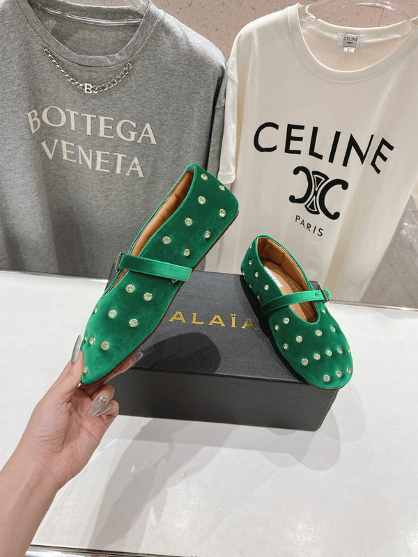 Alaila Ballet Flats In Green Velvet With Rhinestones 972004