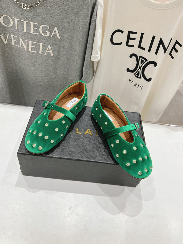 Alaila Ballet Flats In Green Velvet With Rhinestones 972004