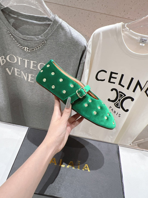 Alaila Ballet Flats In Green Velvet With Rhinestones 972004