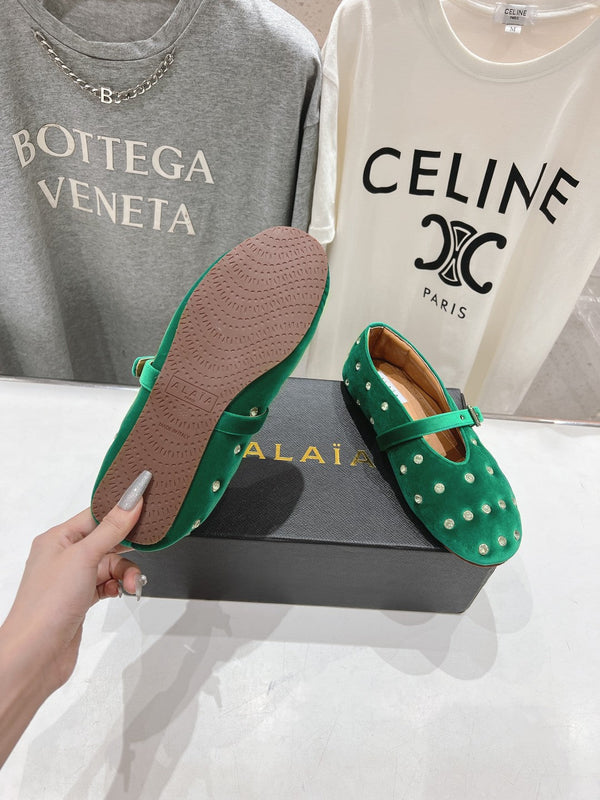 Alaila Ballet Flats In Green Velvet With Rhinestones 972004