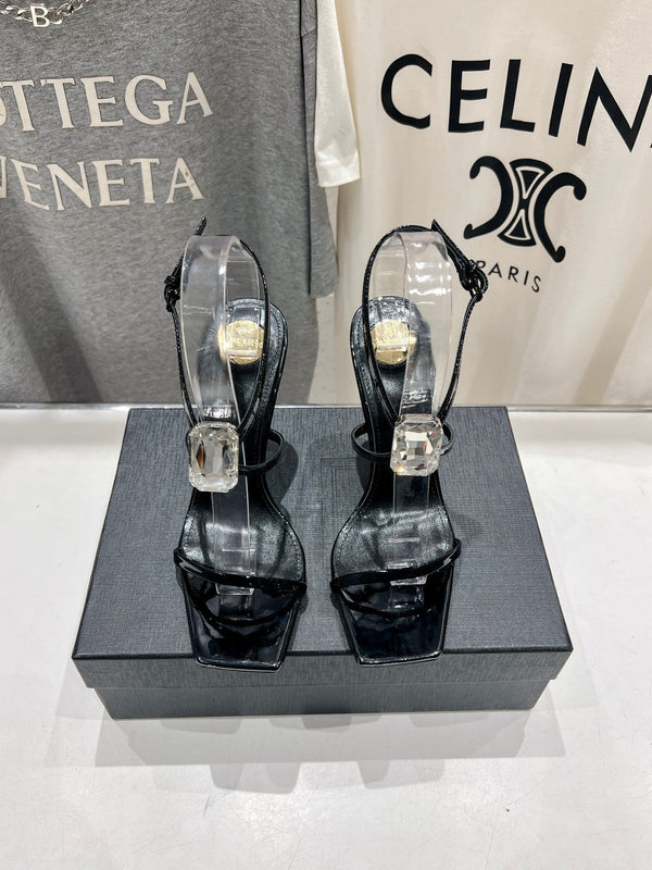 HIGH HEEL SANDALS IN BLACK GLOSSY CALFSKIN WTH STRAPS ATTACHED GEM