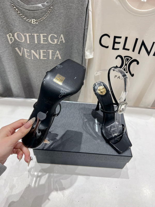 HIGH HEEL SANDALS IN BLACK GLOSSY CALFSKIN WTH STRAPS ATTACHED GEM