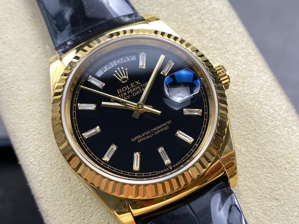 Rolex Day-Date 36mm Gold Black Dial Leather
