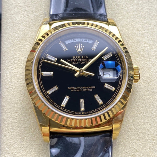 Rolex Day-Date 36mm Gold Black Dial Leather