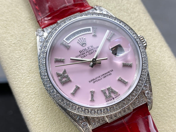 ROLEX Day-Date 36mm Diamond Red Leather Pink Dial