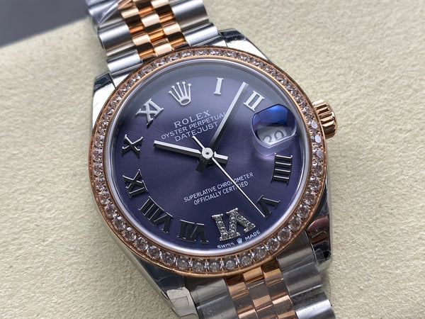 Datejust 31mm Pink Gold Steel Diamond Bezel Aubergine Purple Dial