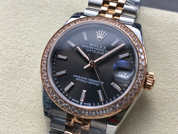 Datejust 31mm Pink Gold Steel Diamond Bezel Dark Grey Dial