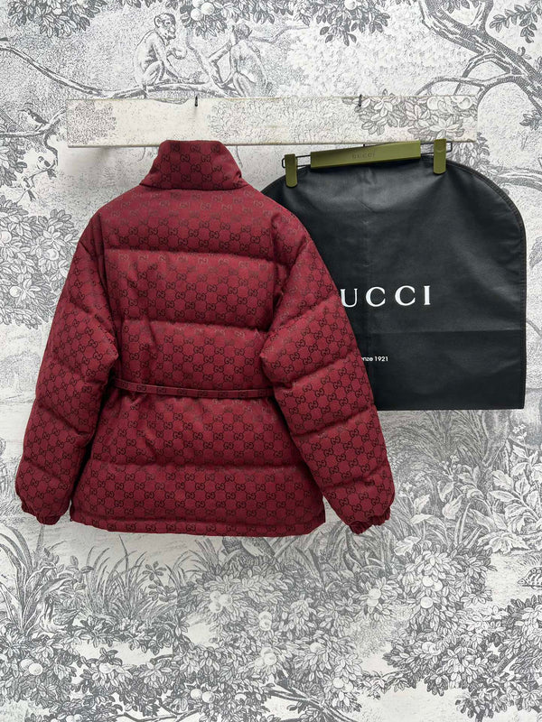 Gucci Down Jacket Red Jacquard Fabric