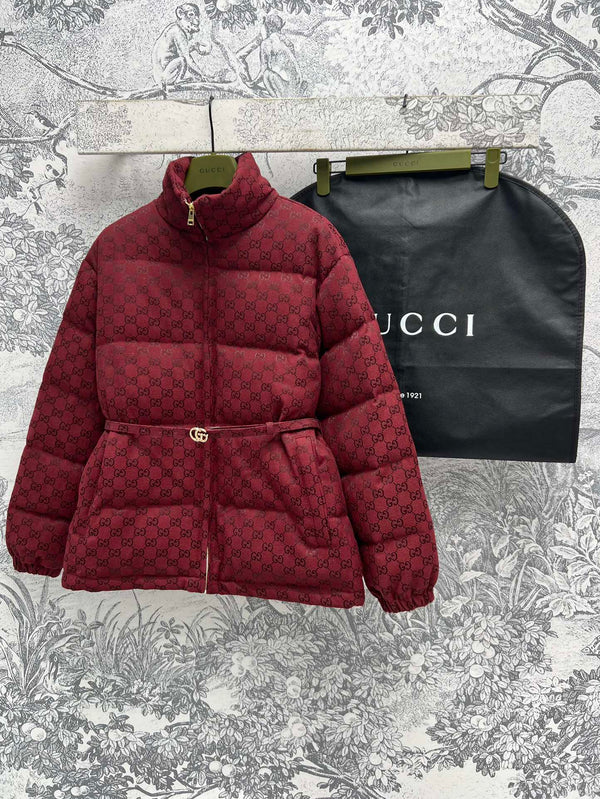 Gucci Down Jacket Red Jacquard Fabric