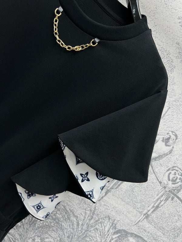 LV 25 Lotus Leaf Short Sleeve Dress Black Cotton