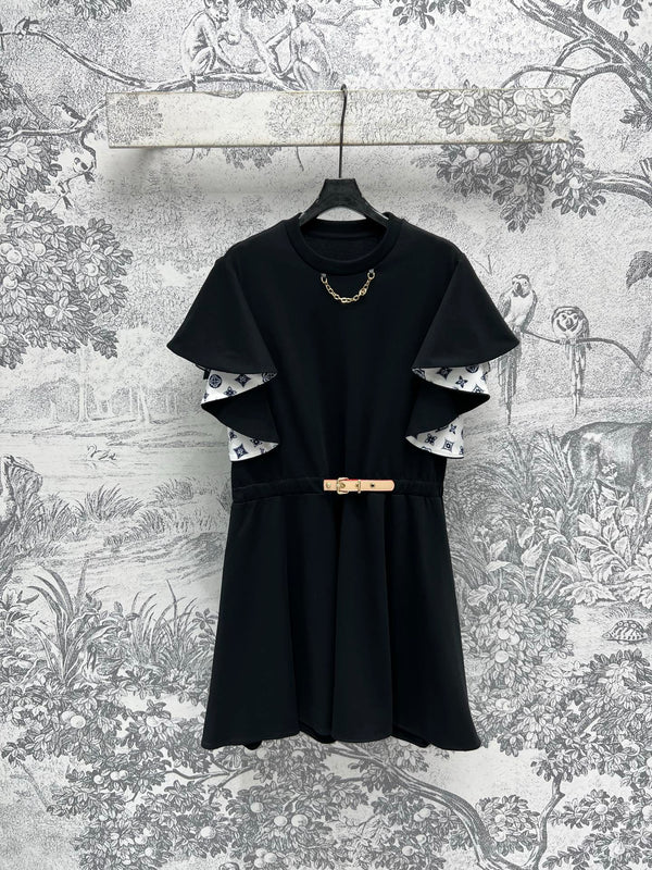 LV 25 Lotus Leaf Short Sleeve Dress Black Cotton