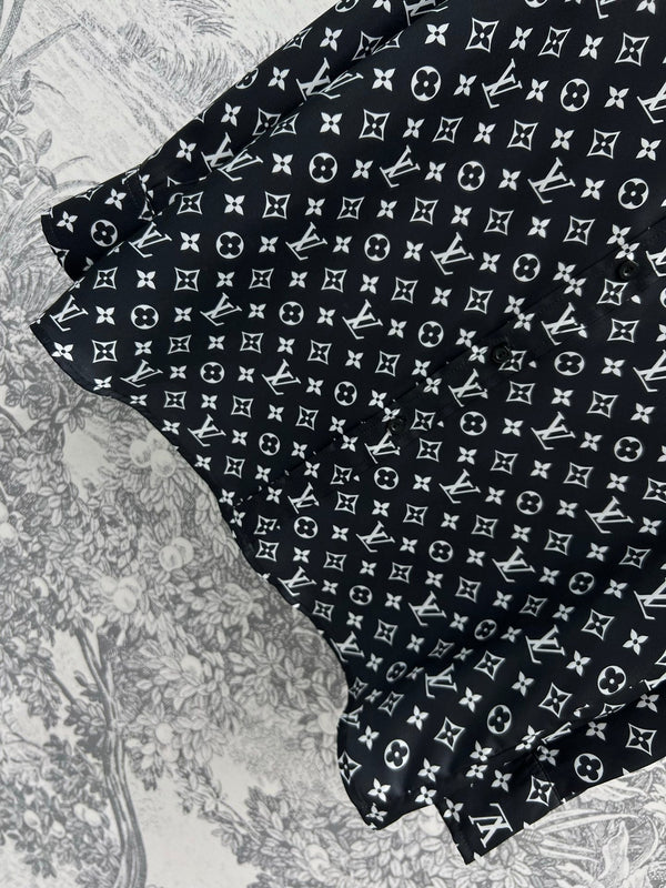 LV 25 Flower Barrage Print Lapel Shirt Black Polyester