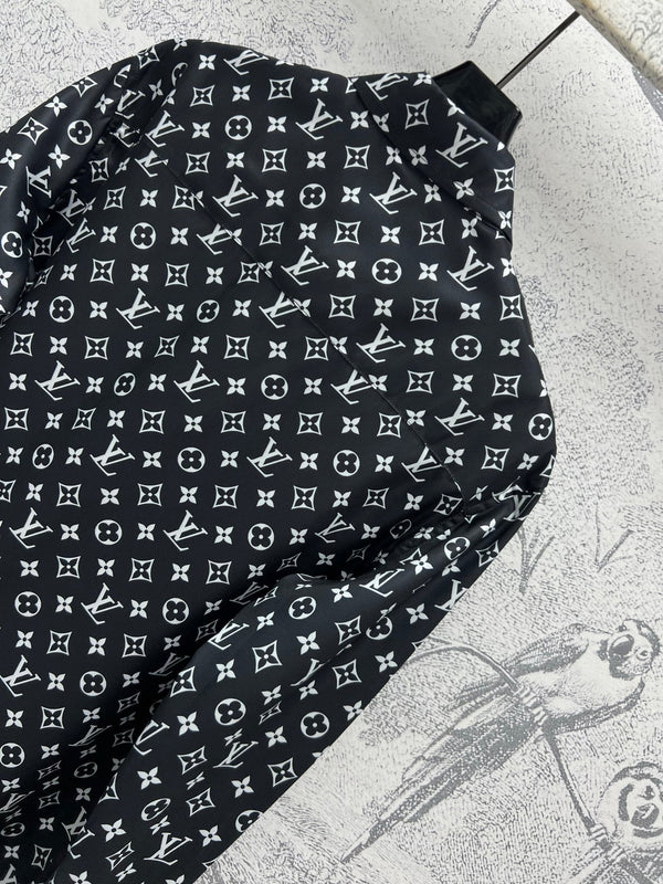 LV 25 Flower Barrage Print Lapel Shirt Black Polyester