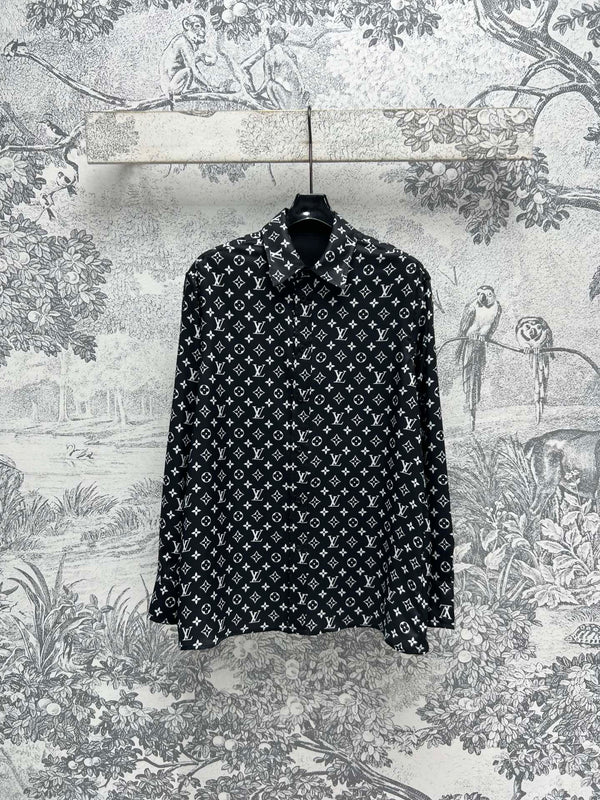 LV 25 Flower Barrage Print Lapel Shirt Black Polyester
