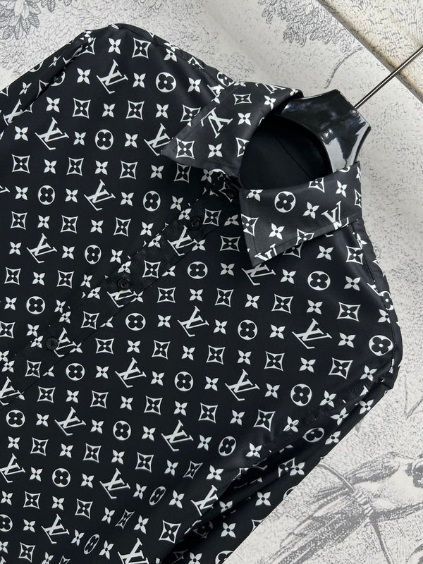 LV 25 Flower Barrage Print Lapel Shirt Black Polyester