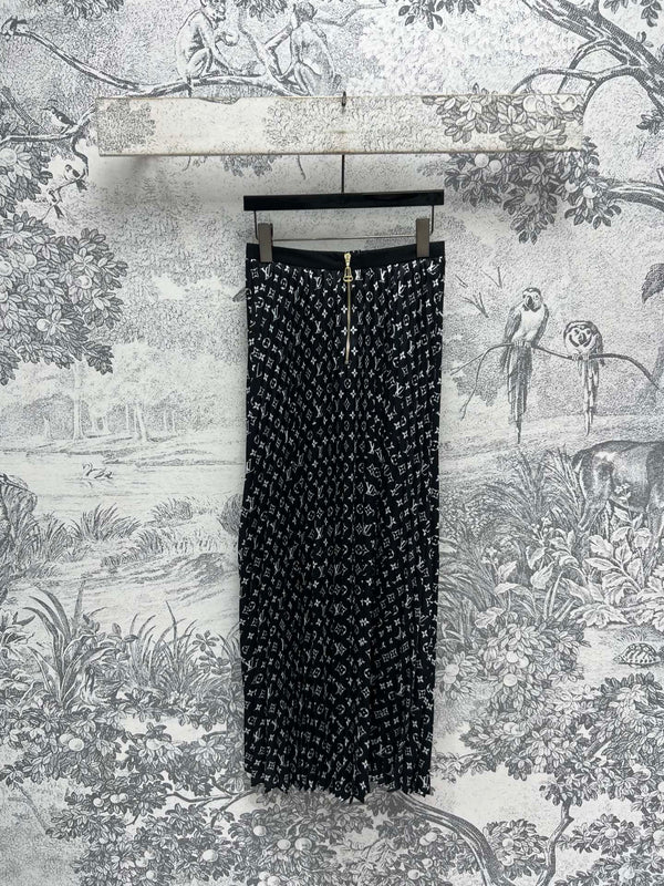 LV 25 Flower Barrage Print Lapel Dress Black Polyester