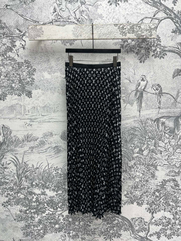 LV 25 Flower Barrage Print Lapel Dress Black Polyester