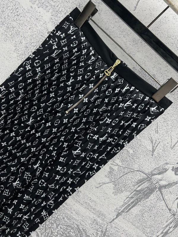 LV 25 Flower Barrage Print Lapel Dress Black Polyester