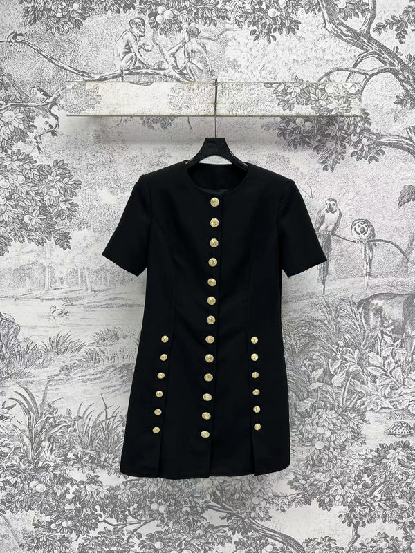 LV 25 Round-Neck Logo Metal Buttoned Dress Black Poliester