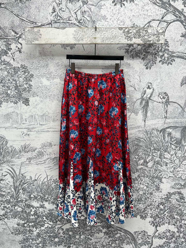 LV 25 Elastic Waist Old Flower Leather Skirt Red Poliester