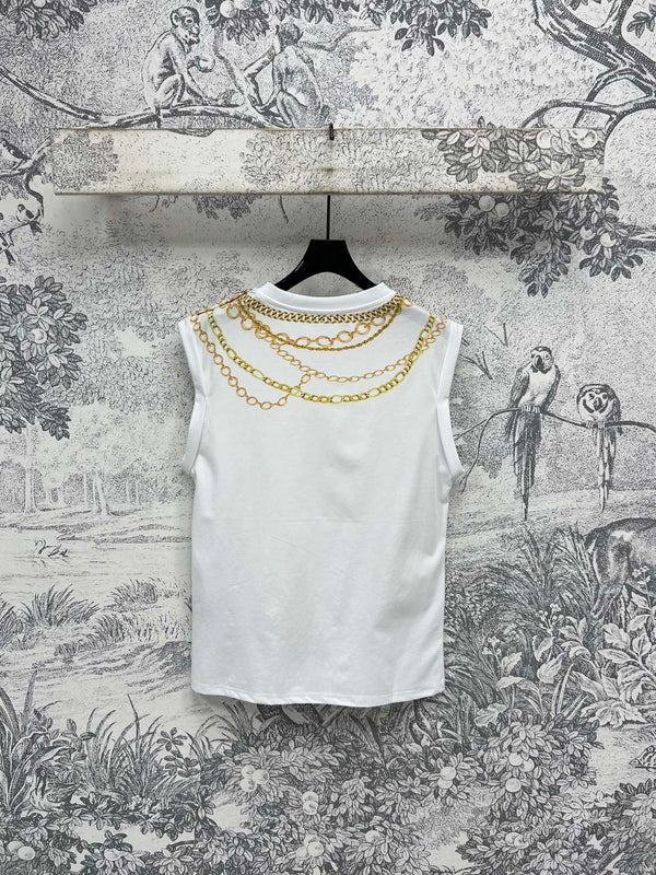 LV 25 Chain Round Neck Sleeveless T-shirt White Cotton
