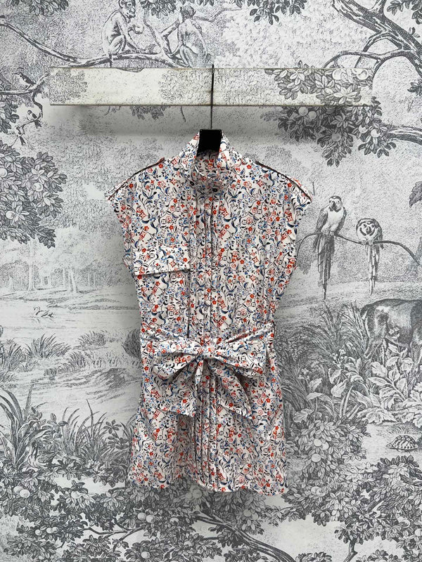 LV 25 Floral Print Stand-up Collar Sleeveless Dress Multicolor Poliester