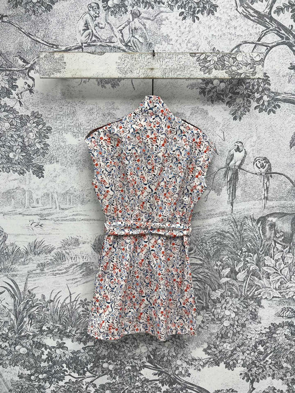 LV 25 Floral Print Stand-up Collar Sleeveless Dress Multicolor Poliester