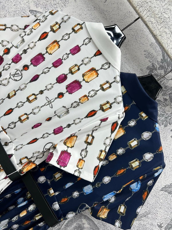 LV 25 Printed Round Neck Lining Pleated Dress White BLue Poliester