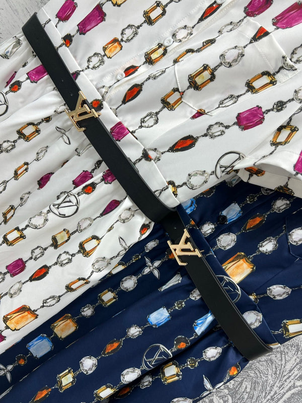 LV 25 Printed Round Neck Lining Pleated Dress White BLue Poliester