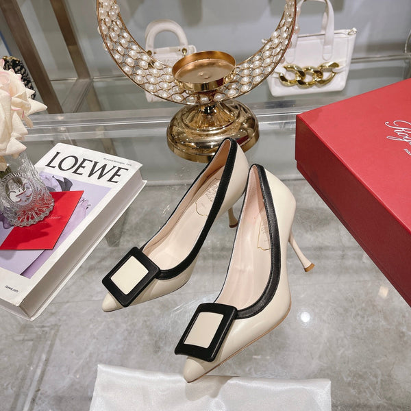 Belle Viv Metal Buckle Pumps 85 White Black Patent Leather