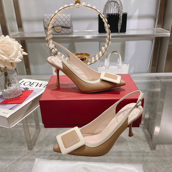 Belle Viv Metal Buckle Slingback Pumps 85 Camel Patent Leather