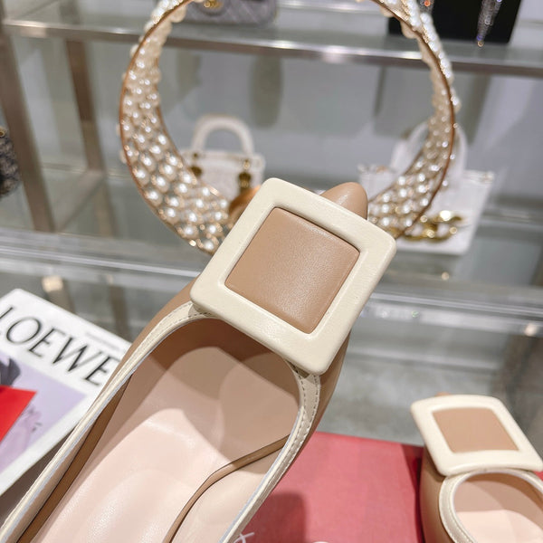 Belle Viv Metal Buckle Slingback Pumps 85 Camel Patent Leather