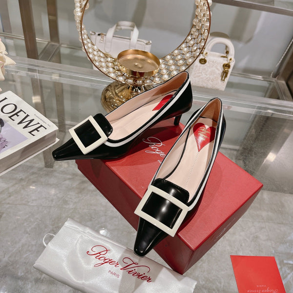 Belle Viv Metal Buckle Pumps 65 Black White Patent Leather