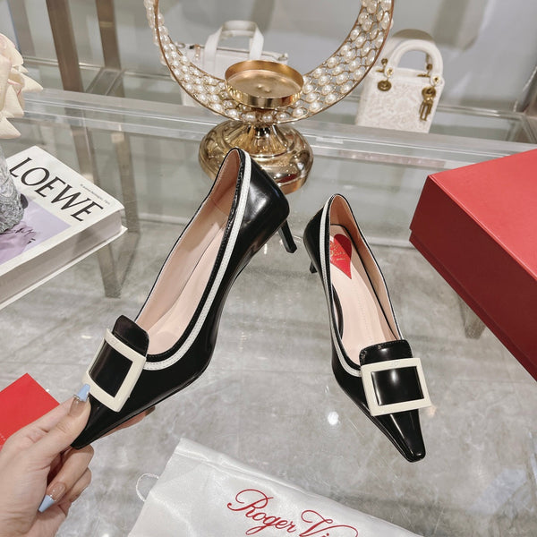 Belle Viv Metal Buckle Pumps 65 Black White Patent Leather