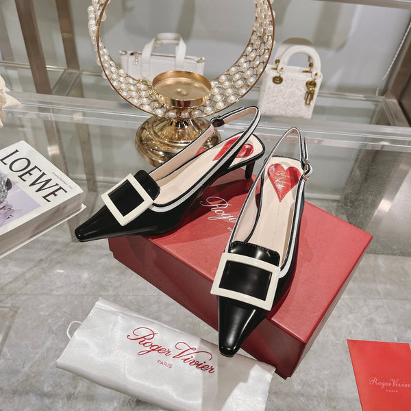 Belle Viv Metal Buckle Slingback Pumps 65 Black White Patent Leather