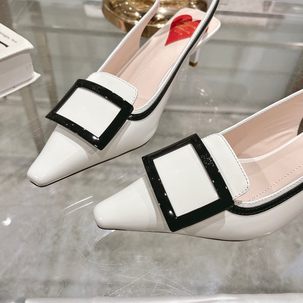 Belle Viv Metal Buckle Slingback Pumps 65 White Black Patent Leather