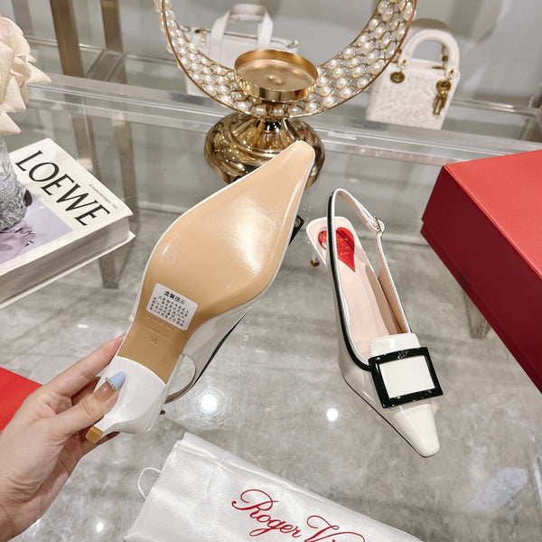 Belle Viv Metal Buckle Slingback Pumps 65 White Black Patent Leather